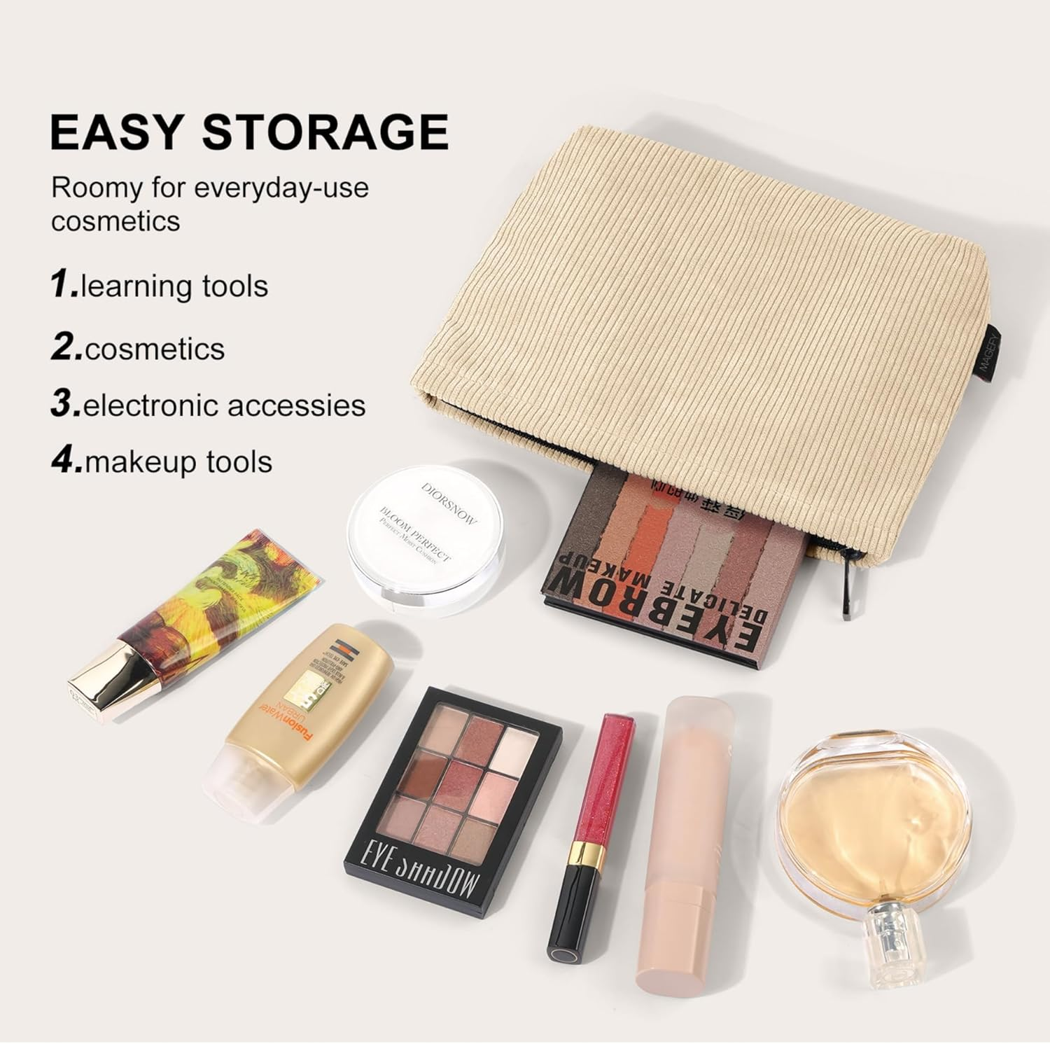 MAGEFY 2 Pcs Makeup Bags for Women, Corduroy Make up Bag for Purse Travel Makeup Bag Small Cosmetic Bags with Zipper Makeup Pouch for Travelling(Beige) - Green image number 7