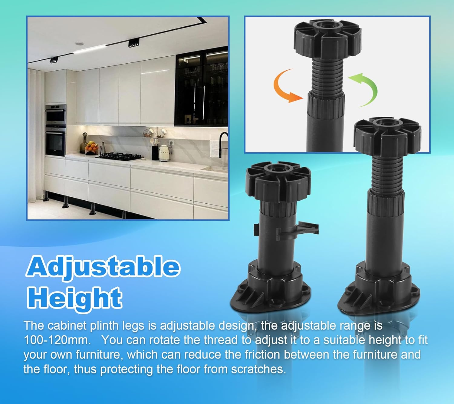 JUMXSRLE Cabinet Legs, Plastic Adjustable Cabinet Feet Levelers Kick Board Clips, Leveling Feet Adjustable Furniture Legs for Cabinets, Sofas, Kitchen Furniture - Adjusts from 100-120Mm/3.94"-4.72" image number 4