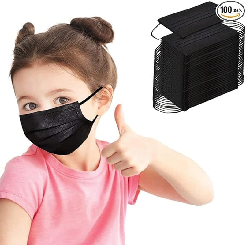 Disposable Black Face Masks for Children, 3-Ply Protection, Elastic Earloops, 100 Pack