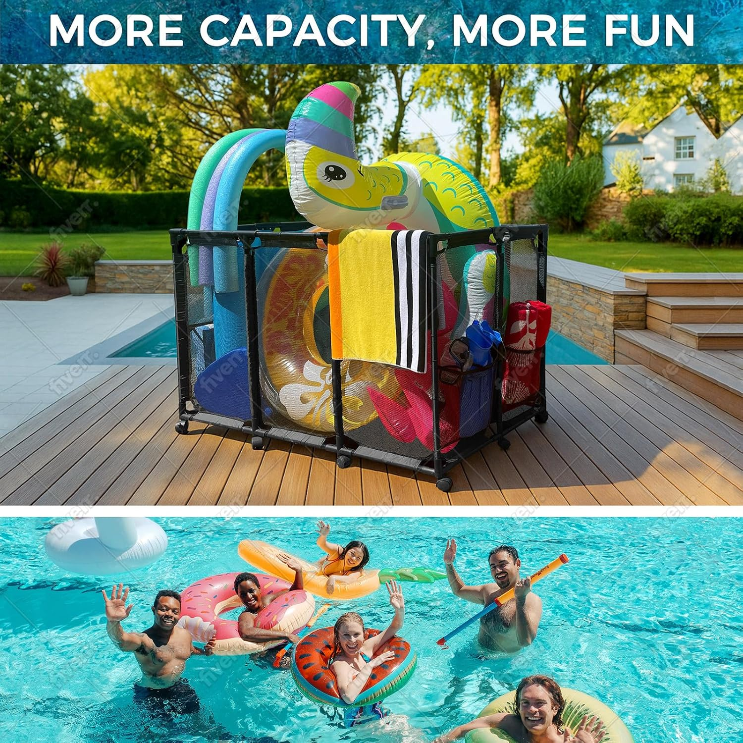Pool Float Storage Organizer for Pool Noodles Floats Inflatables Towels - Ultimate Outdoor Pool Toy Storage Bin - XXL Black Hduty Metal - Pool Float Holder - Pool Storage Bin for Easy Poolside Cleanup image number 6