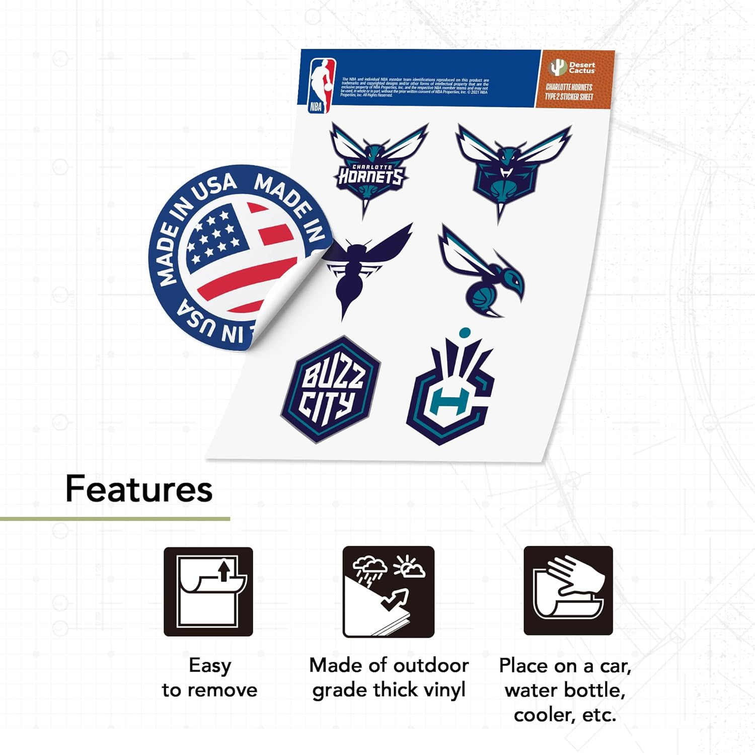 Desert Cactus Charlotte Hornets Sticker NBA Officially Licensed Vinyl Decal Laptop Water Bottle Car Scrapbook (Type 2) image number 1