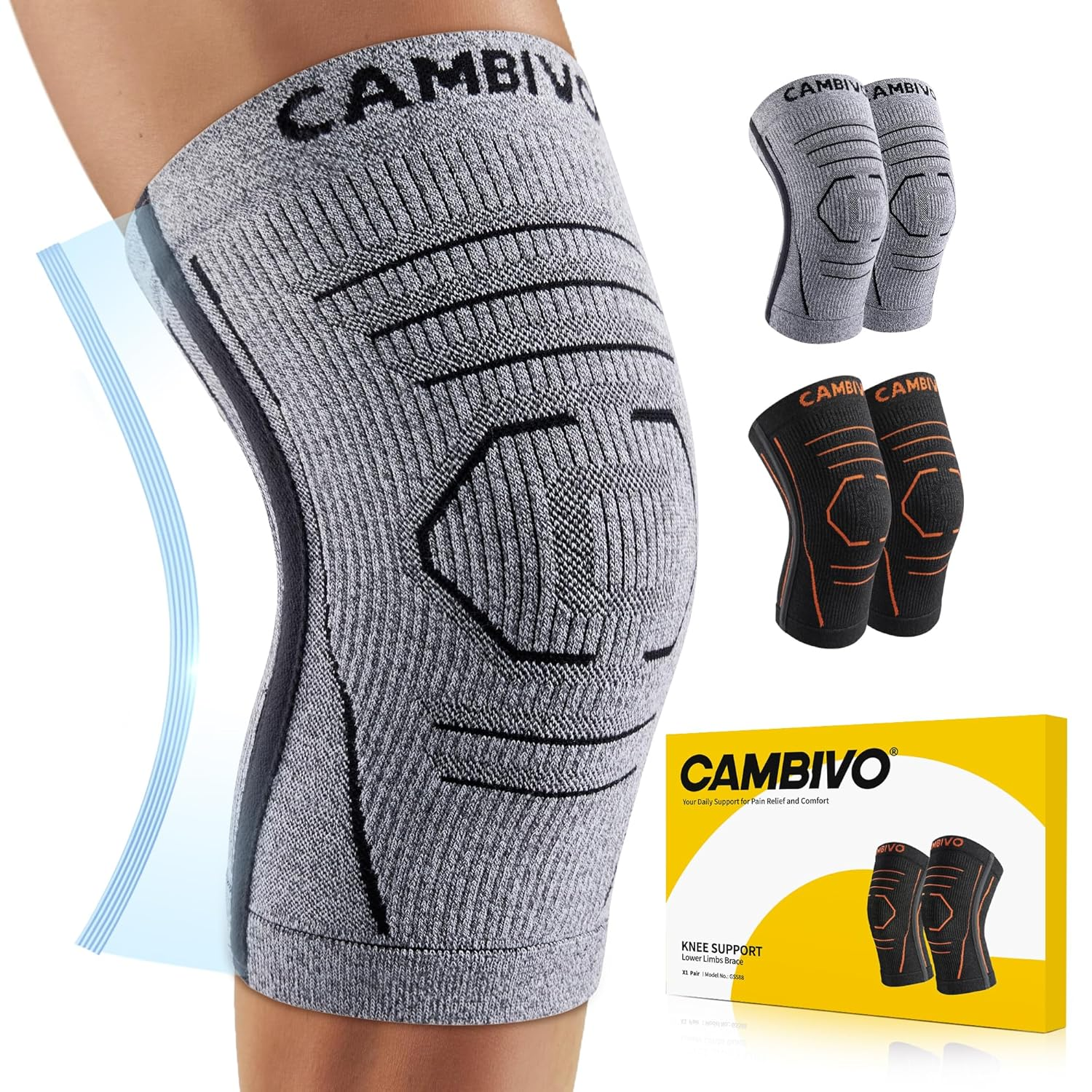 CAMBIVO Knee Brace for Women and Men with Side Stabilizer 2 Pack, Lightweight Knee Compression Sleeves for Knee Pain Relief, Knee Sleeves for Running, Workout and Daily Activities (Gray, Medium) image number 5