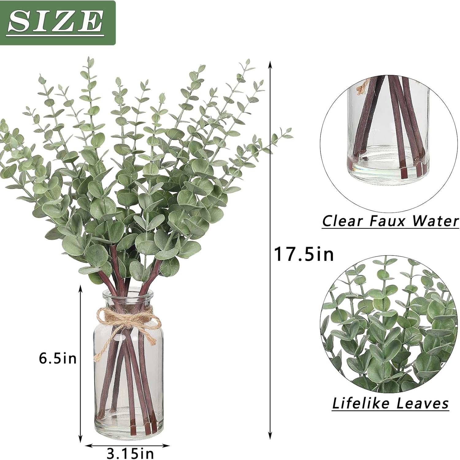 VIERENA 17.5" Artificial Eucalyptus Stems in Glass Vase with Faux Water,Fake Plant Eucalyptus Leaves White Seeds for Centerpiece Table Decorations Farmhouse Wedding Home Greenery Decor (Sage Green) image number 2