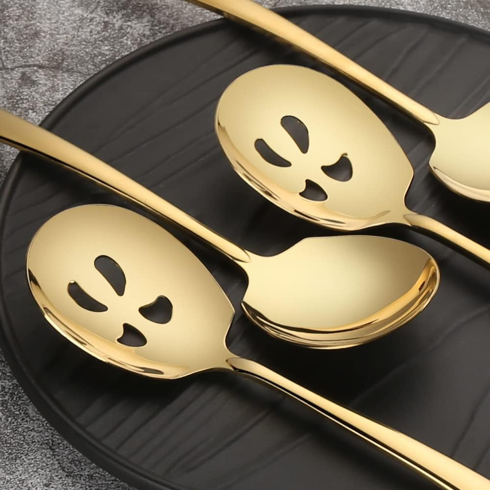 Stainless Steel Serving Spoon X 3, Slotted Serving Spoon X 3, 9.14 Inches Large Serving Utensils Set of 6 for Catering, Dishwasher Safe (Gold) image number 2