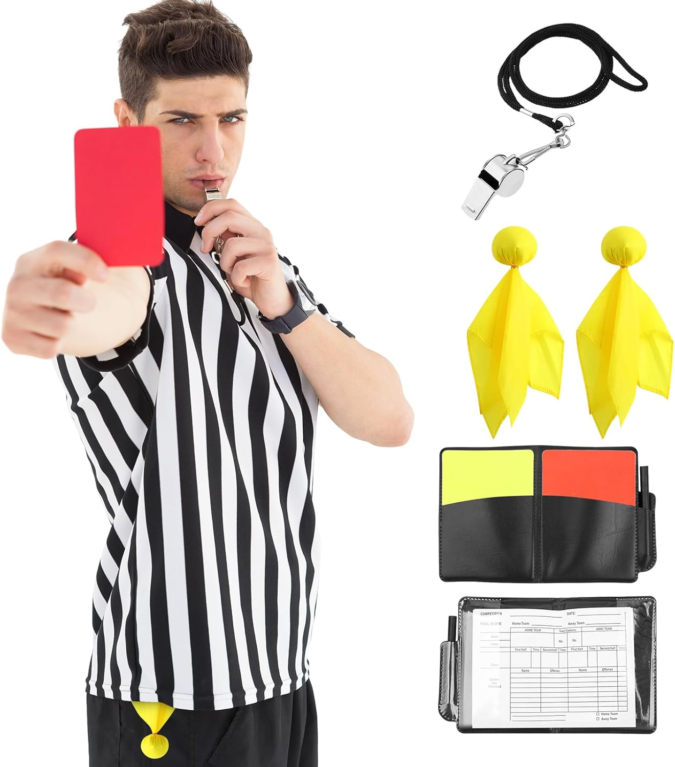 Rookea 5 Pcs Referee Costume Kit, Referee Costume for Boys Kids Men, Sports Costume Shirt Uniform Umpire Whistle Yellow Penalty Flag Referee Card for Basketball Football Soccer Referee Accessories image number 3