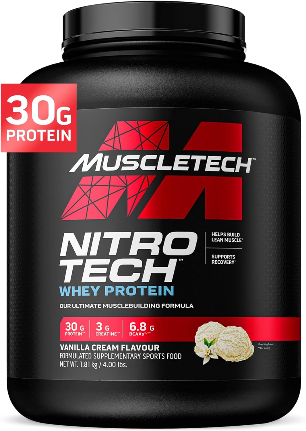 Muscletech Whey Protein Powder, Nitro-Tech Whey Protein Isolate + Peptides, Lean Protein Powder with Creatine, Sports Nutrition Protein Powder for Men & Women, Vanilla, 1.81Kg (40 Servings) image number 2