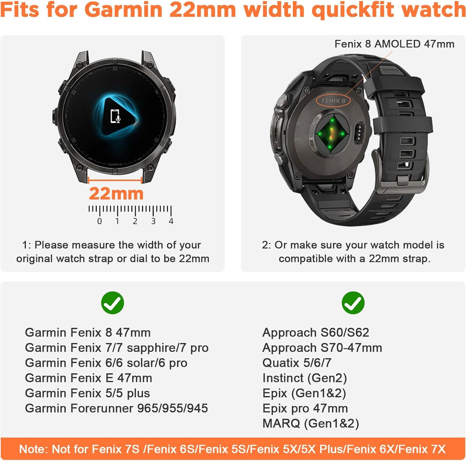 Compatible with Garmin Fenix 8 AMOLED 47Mm Silicone Watch Band/Fenix 7 Pro/7/6 Pro/6/5 Plus/5,Quick-Fit 22Mm Strap for Fenix E/Forerunner965 955/Descent G1/Approach S60 S62/Epix Pro 47Mm image number 1