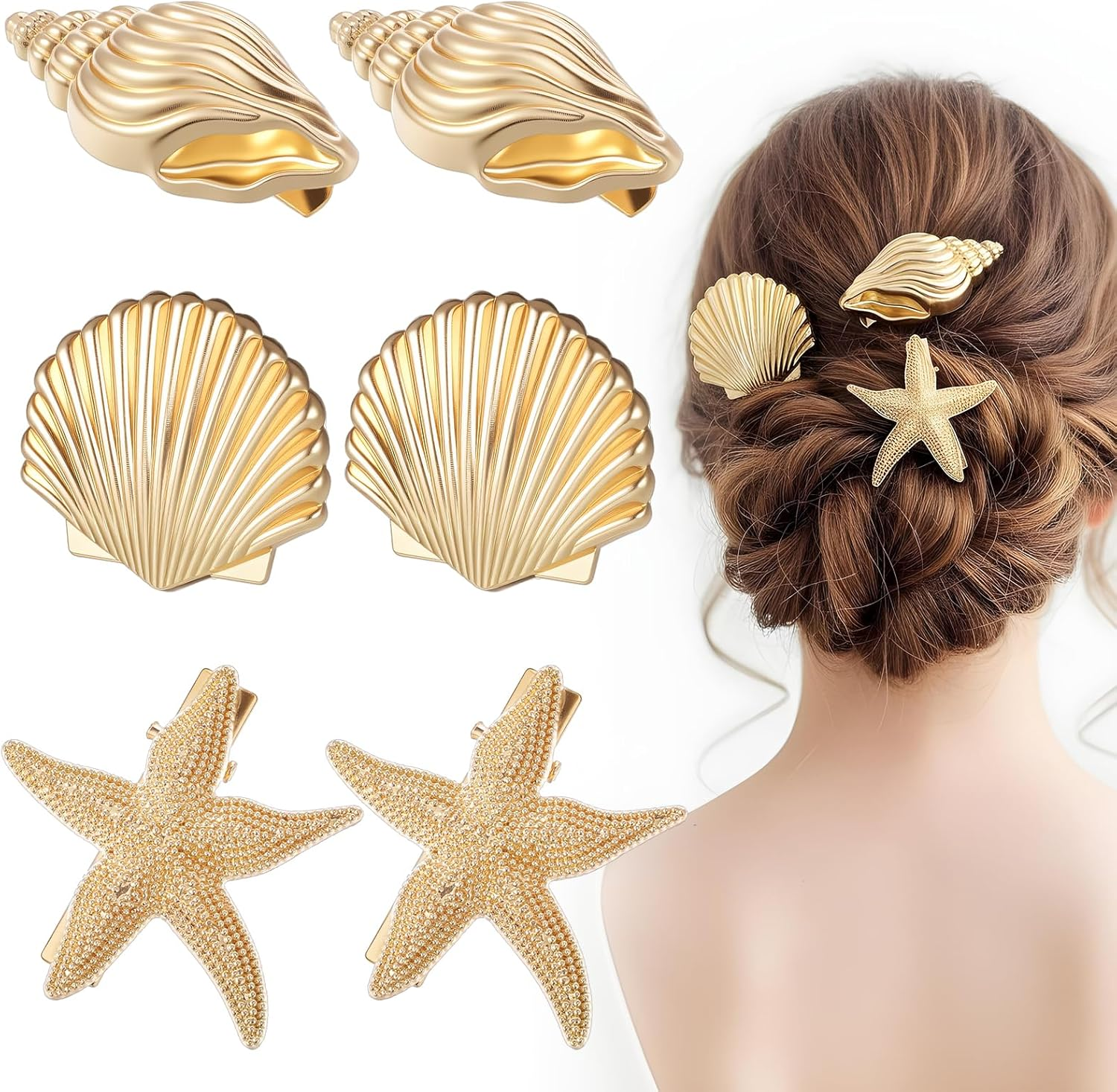 XLIUAX Pack of 6 Golden Sleeve Starfish Shell Hair Clips, Small Metal Hair Clips, Alligator Clips for Women and Girls, Party, Daily Life, Leisure, Beach Party image number 4