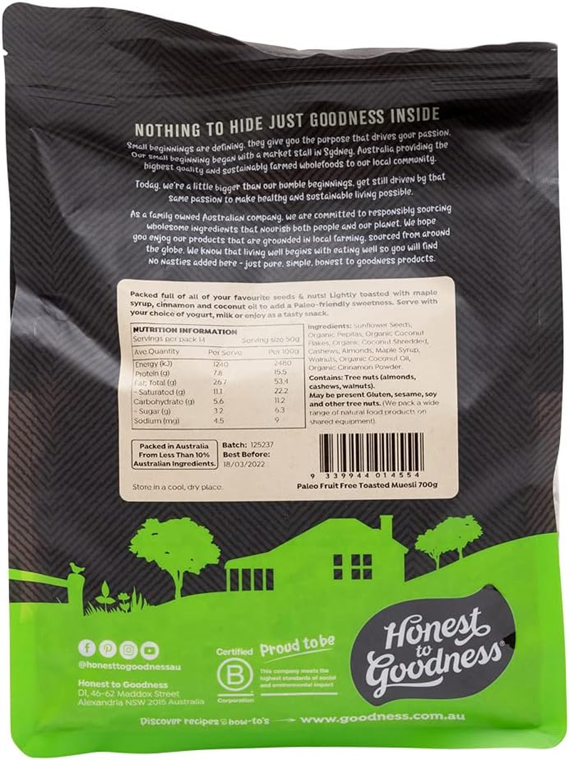 Honest to Goodness Paleo Fruit Free Toasted Muesli 700 Grams - Wholesome Flavors of Goodness That Have Been Carefully Combined Together to Fuel Your Day. image number 3