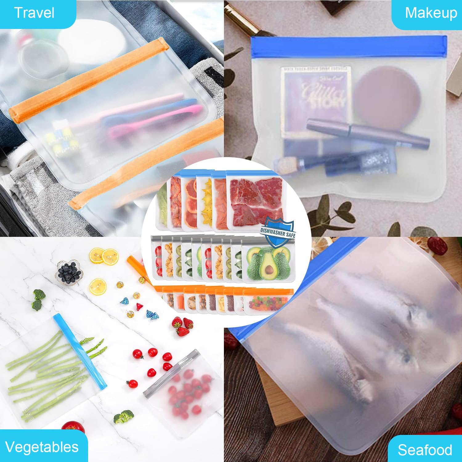 26 PCS Reusable Freezer Bags, Dishwasher Safe Reusable Bags Silicone, BPA Free Silicone Food Bags, Leakproof Silicone Sandwich Bags, Reusable Food Storage Bags for Lunch Meat Veggies image number 1