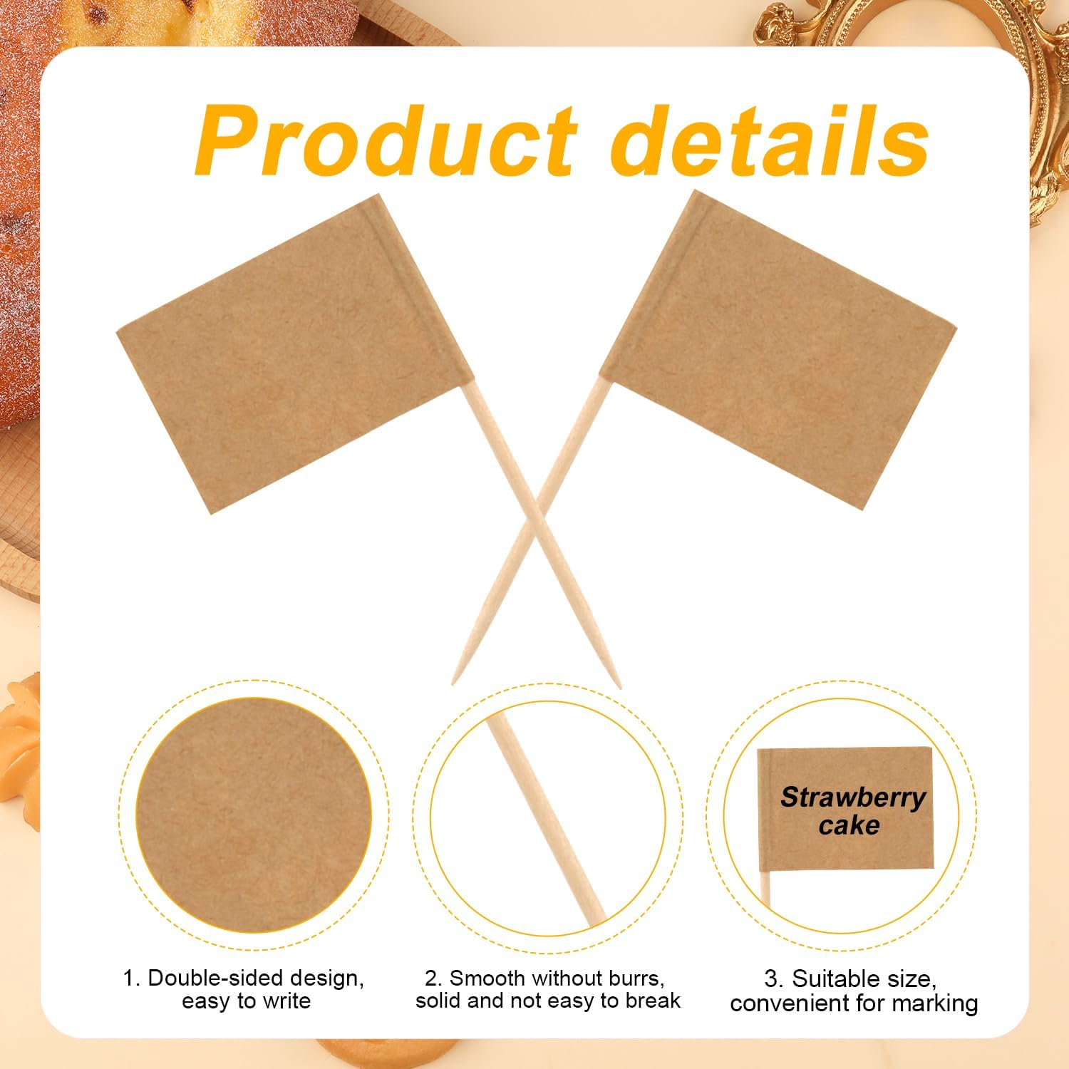 100Pcs Mini Toothpick Flags, Double Sided Blank Flags on Sticks Food Labels Markers for Party Buffet Cupcake Toppers for Charcuterie Cheese Board Accessories Decoration Dishes Fruit Platter (Khaki) image number 4