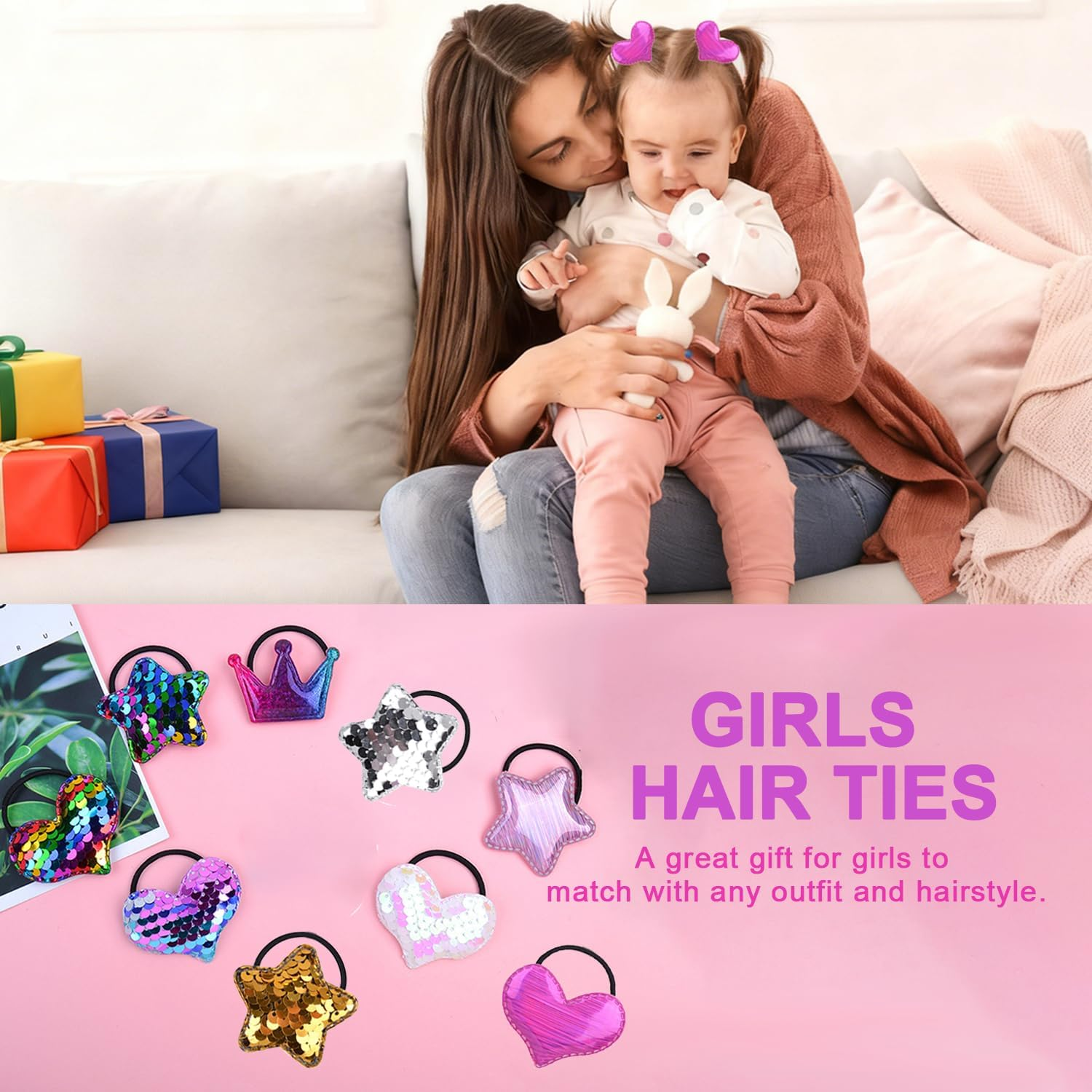 20 Pcs/10 Pairs Glitter Hair Ties for Girls, Sequin Heart Star Crown Baby Girls Hair Scrunchies Elastics Rubber Bands Hair Ropes Ponytail Holders Hair Accessories for Infants Toddlers Kids Teens Women image number 3