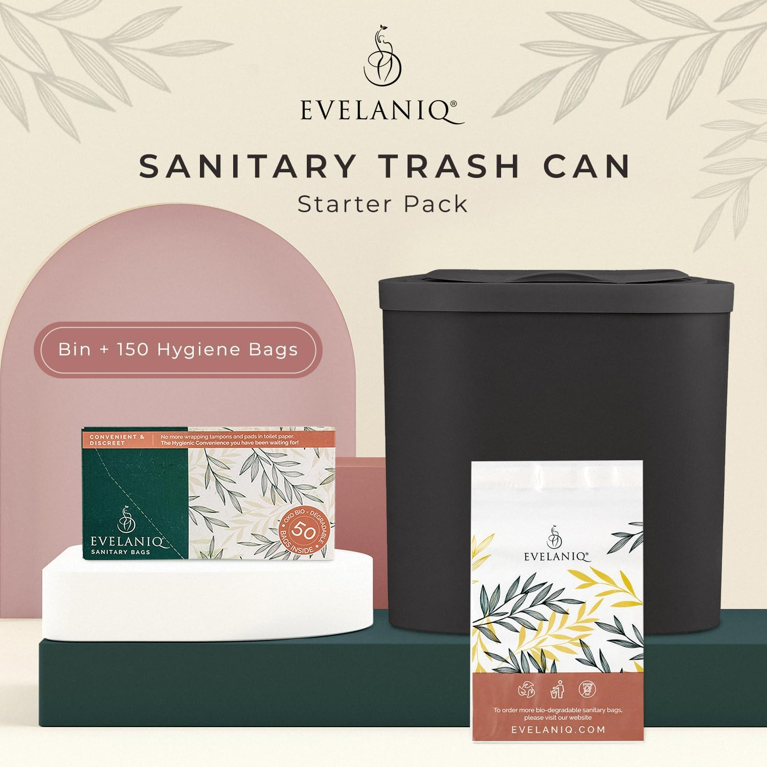Women'S Sanitary Napkin Receptacle (Bin + 150 Hygiene Bags) Feminine Pad & Tampon Restroom Disposal Receptacle Mini Trash Can Starter Pack, Dark Grey for Home & Business Bathrooms.