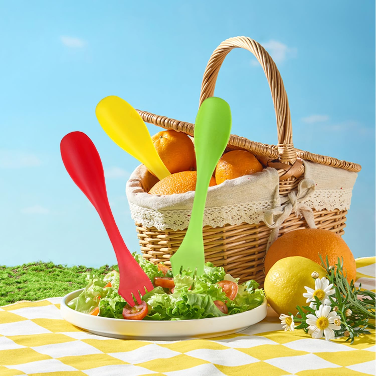 3 Pcs Plastic Spork, 3 in 1 Spork Portable Camping Cutlery Set Reusable Camping Spork Spoon Fork with Portable Pouch for Outdoors, Camping, Hiking Travel (Red&Green&Yellow) image number 2