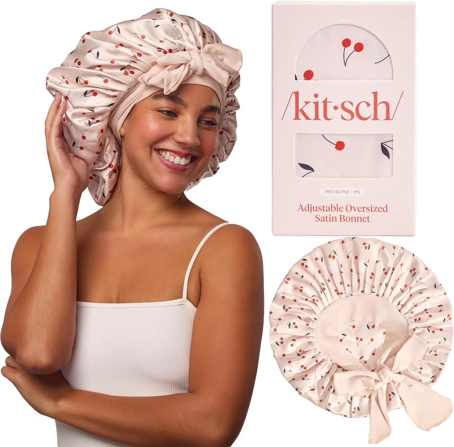 Kitsch XL Satin Bonnet for Sleeping - Softer than Silk Bonnet for Sleeping Women - Secure Fit, Adjustable, Night Cap for Curly & Textured Hair - Prevents Breakage, Tangles & Thinning - Cherry Print image number 5