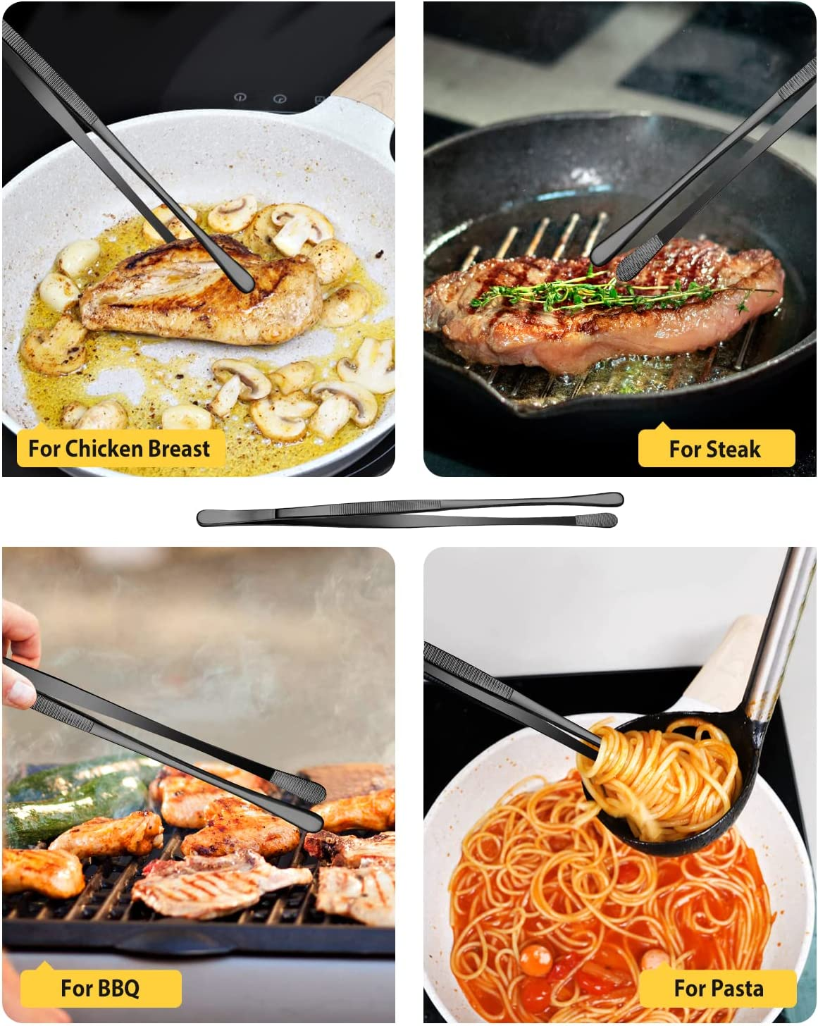 4 Pcs Kitchen Fine Tweezer Tongs, 12'' and 10'' Stainless Steel Food Tweezers Set, Professional Kitchen Long Tweezer for Cooking, Repairing, Sea Food and BBQ (BLACK) image number 5