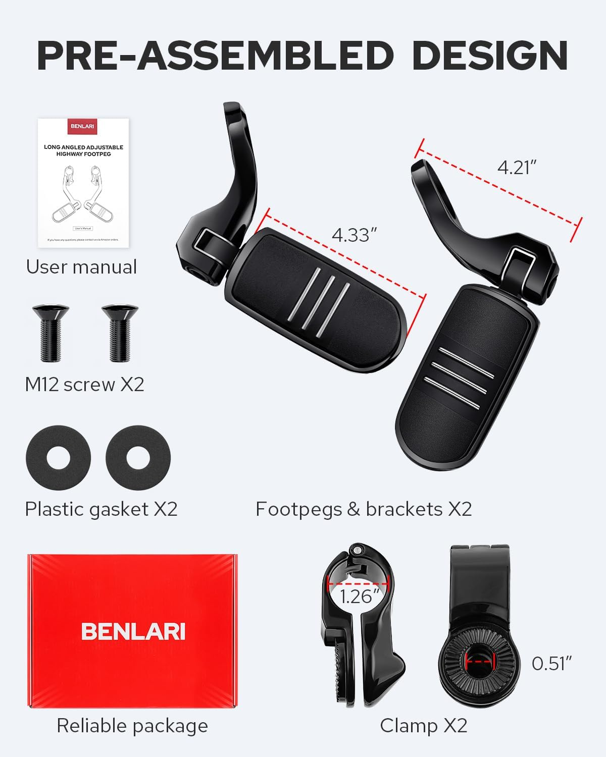 Benlari Highway Pegs, 304 Stainless Steel 1.25" Highway Footpegs Short Angled Fit for Harley Davidson Touring Street Glide Road King Softail Dyna Sportster Fits 1-1/4"(32Mm) Engine Guard(Black) image number 3