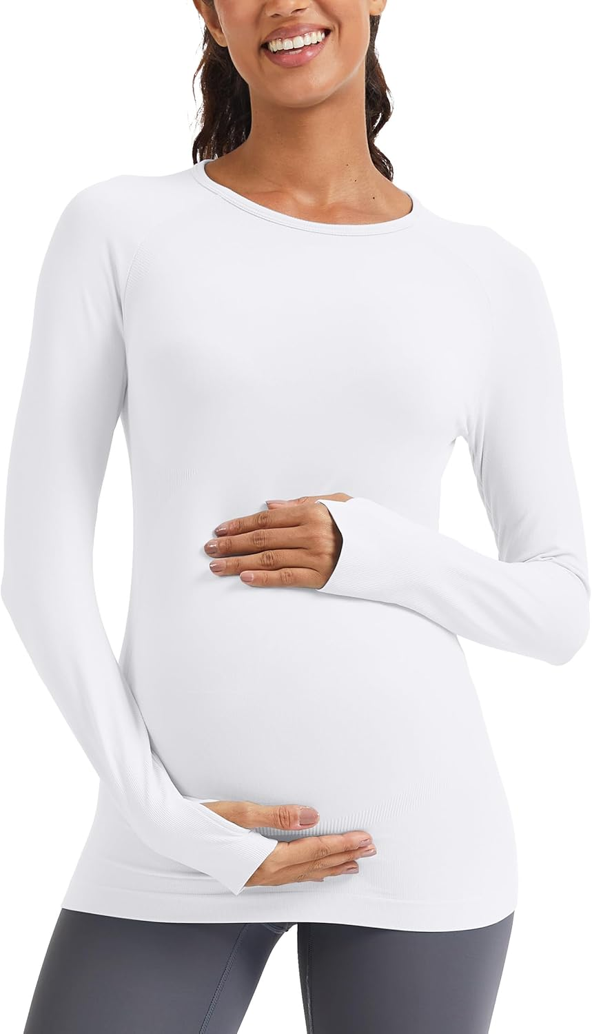 Mathcat Seamless Maternity Shirts Long Sleeve Maternity Tops for Women Pregnancy Shirts Athletic Workout Yoga Casual Tee image number 5