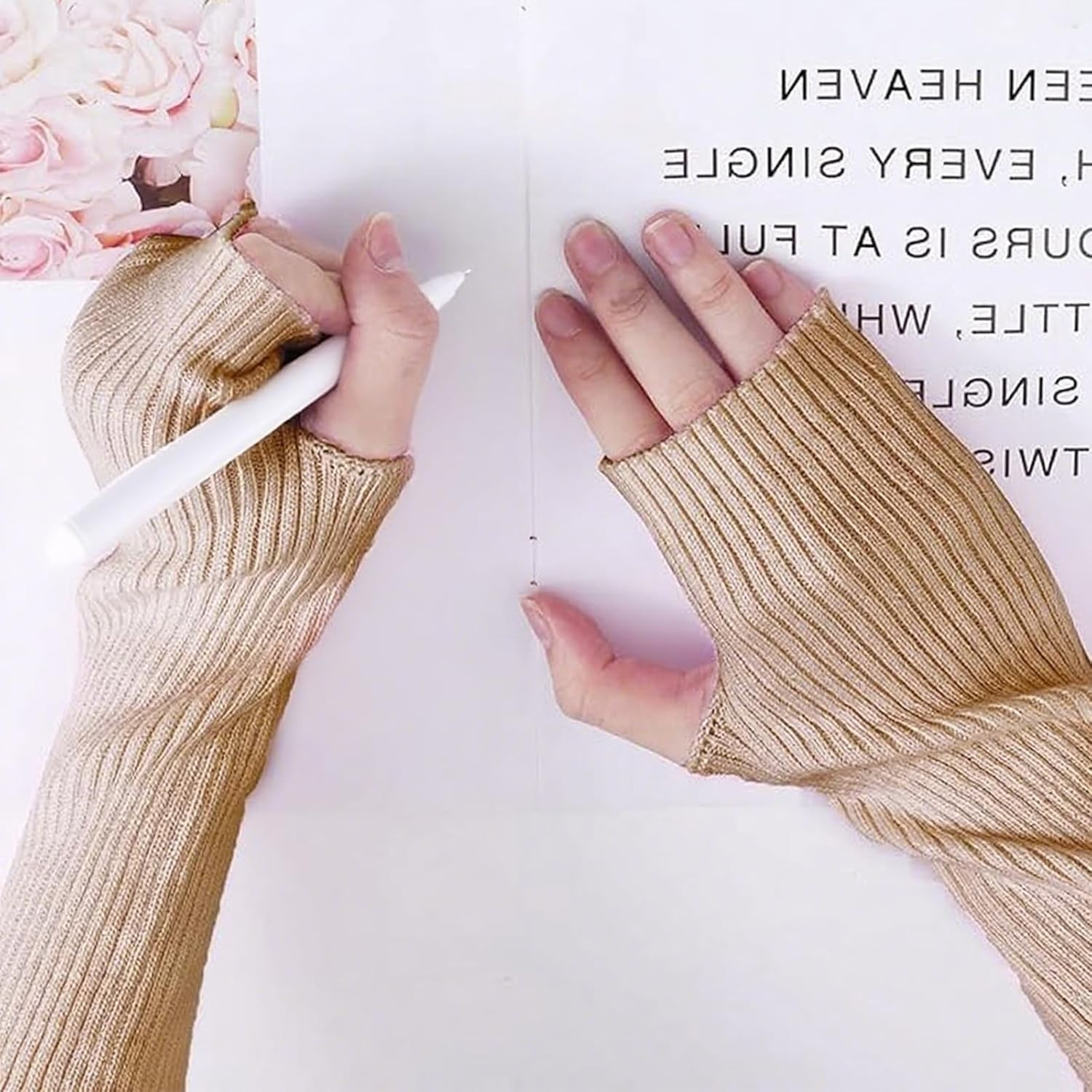 Arm Warmer Fingerless Sleeve Gloves Stretch Thumb Hole Gloves for Women Girls - White image number 2