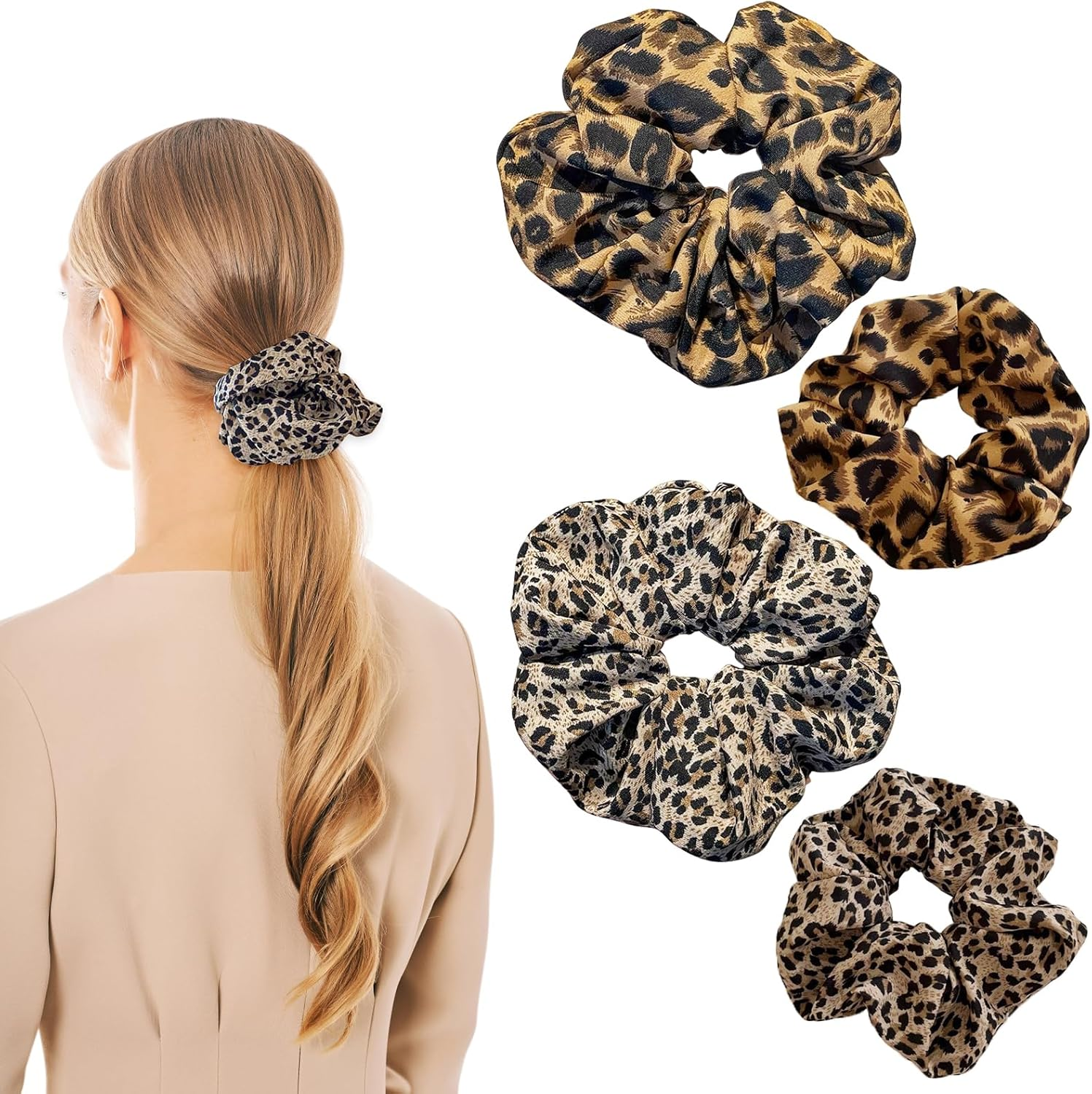 Pack of 4 Women'S Leopard Print Scrunchies Hair Scrunchies Extra Large Hair Bobbles for Thick Hair, Dark Light Leopard Print, Soft Loops for Everyday, Office, Party