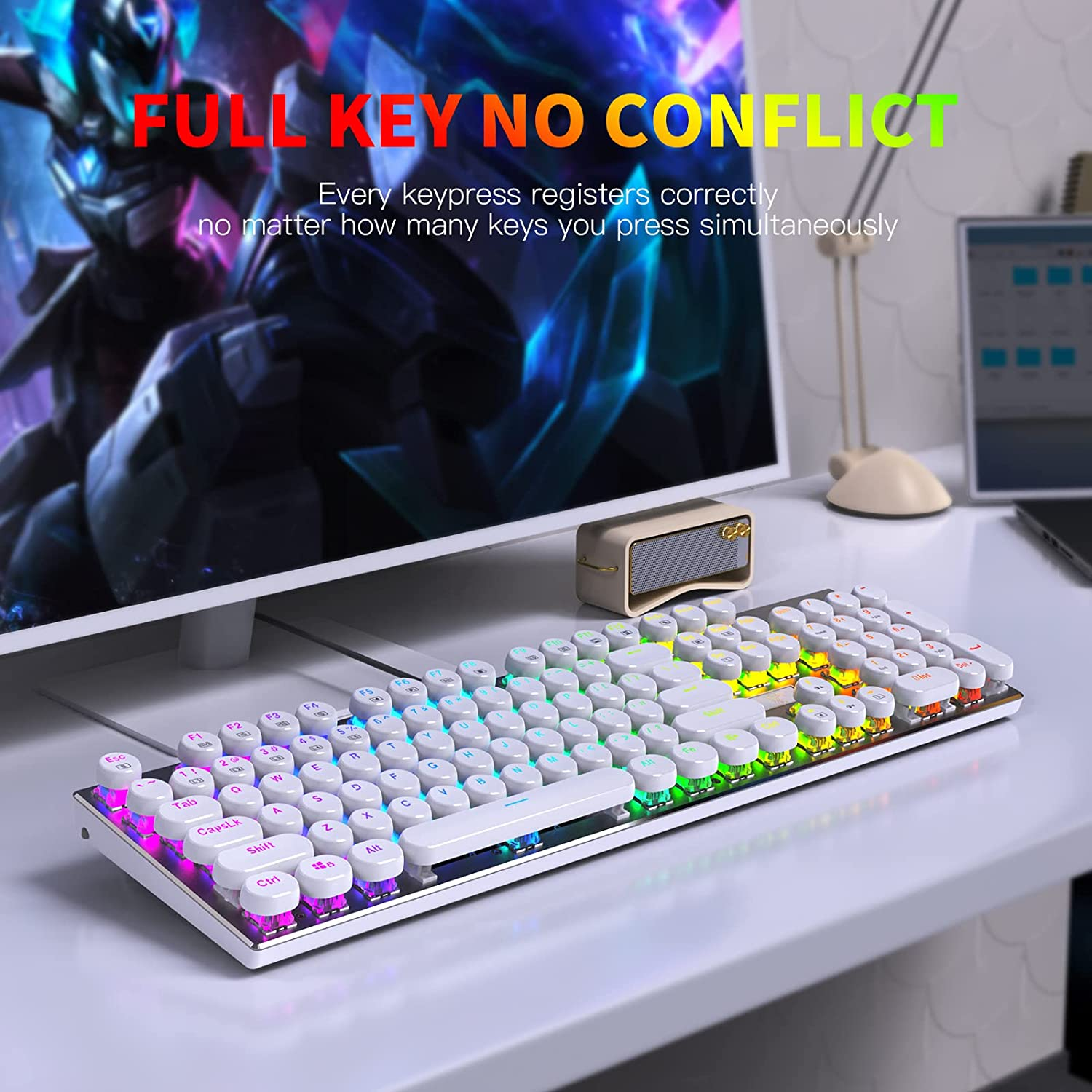 HUO JI Z-88 Retro Mechanical Gaming Keyboard, Programmable RGB Backlit, Blue Switch -Tactile & Clicky, Typewriter Style, Water Resistant 104 Keys Anti-Ghosting for Mac PC, White image number 1