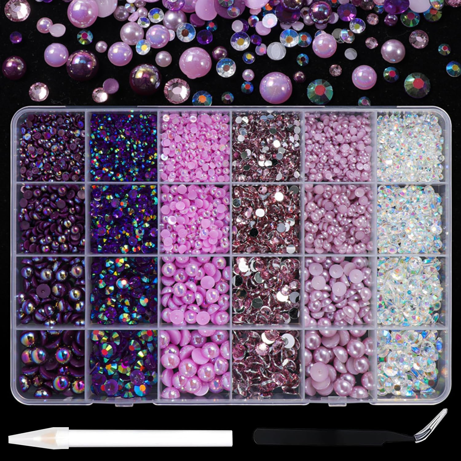 24 Grid Flatback Rhinestones and Beads for Nails, Betterjonny Rhinestones for Crafts 3-8 Mm Glitter Stones Half Beads with Tweezers and Dotting Pen for DIY Crafts Nail Design Clothing D image number 5