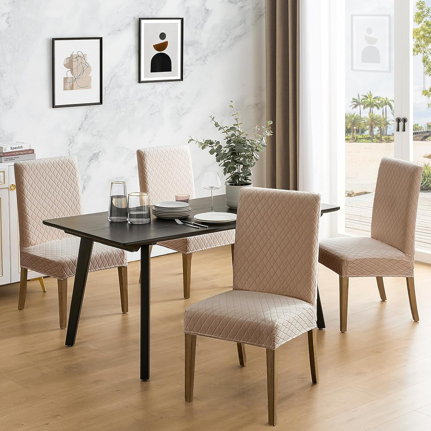 MOSAYT 100% Waterproof Dining Room Chair Covers Set of 4, Super Fit Stretch Jacquard Parson Chairs Slipcovers Removable Washable Chair Seat Protectors for Home, Kitchen, Banquet (Khaki) image number 5