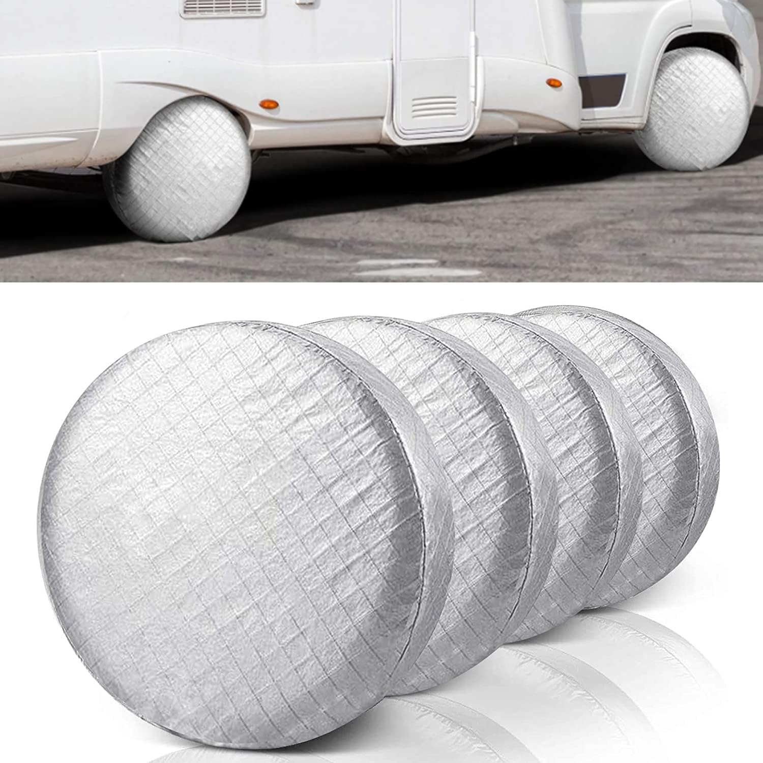 Tire Covers,4Pcs Tire Cover Waterproof Dustproof Aluminum Film Anti‑Uv Tyre Spare Wheel Protector with Hooks for Car RV SUV Truck Trailer,Fit 36-39 Inch Tire Diameter/Silver