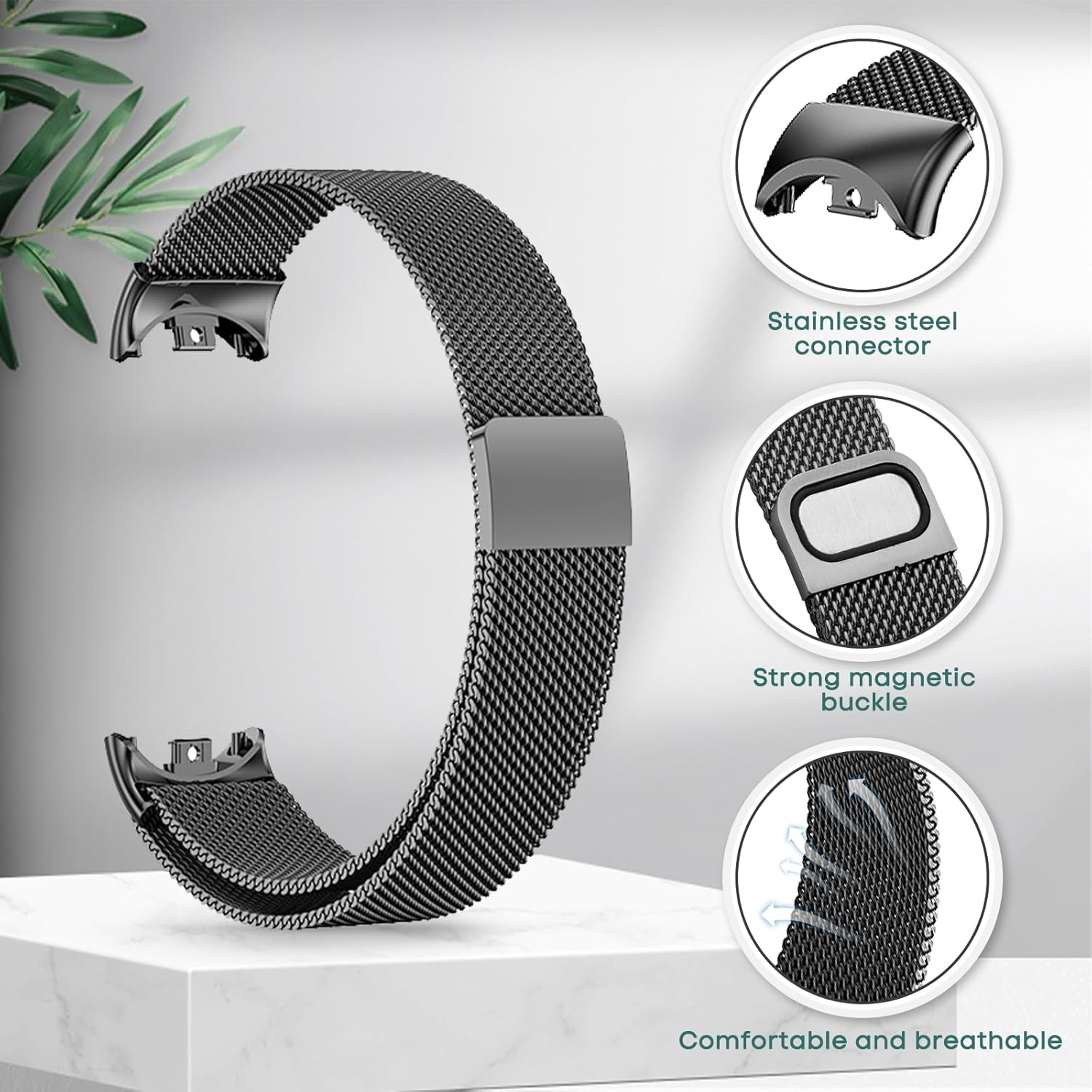 CHANRASI Pack of 2 Replacement Wristbands Compatible with Xiaomi Mi Band 9/8 Women Men Adjustable Metal Bracelets Made of Stainless Steel for Xiaomi Mi Band 9/8 Black Silver image number 4