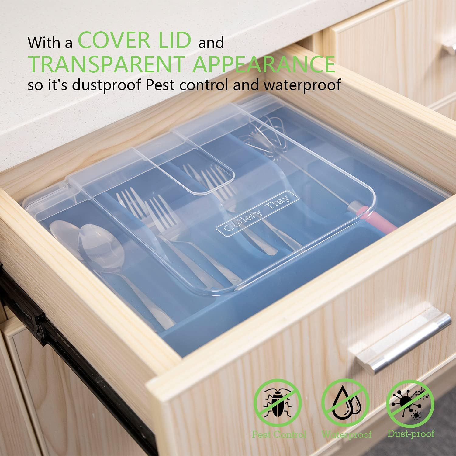 QINOL Silverware Tray with Lid, Utensil Holder for Kitchen Counter Plastic Flatware Organizers and Storage Holder 5 Compartments Blue - Blue image number 5