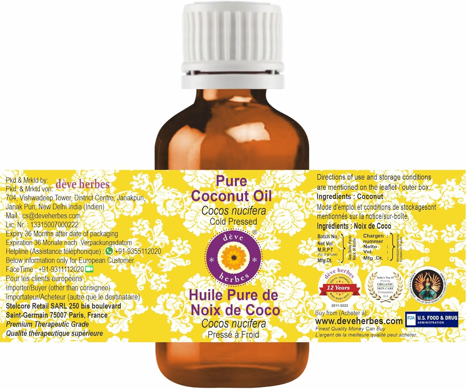 Deve Herbes Pure Coconut Oil (Cocos Nucifera) Natural Therapeutic Grade Cold Pressed 30Ml (1 Oz) image number 4