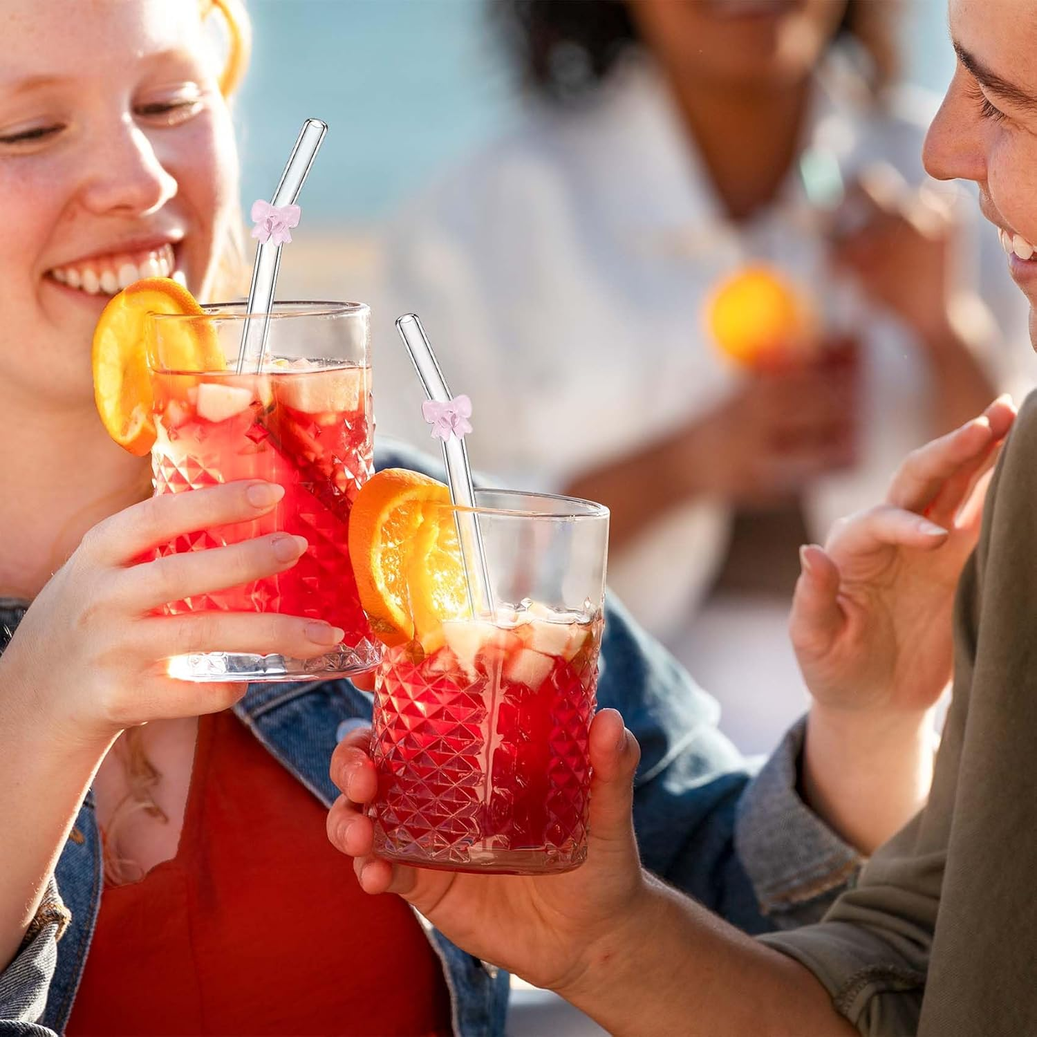 6 Pcs Glass Straws Shatter Resistant with Cute Pink Bow, Reusable Straw Dishwasher Safe with 2 Cleaning Brushes for Pink Lover, Juice, Summer Beach, Birthday Party image number 4
