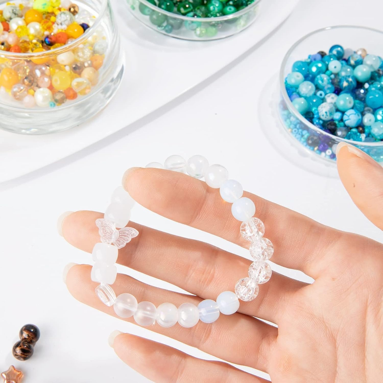 Crystal Glass Bead Kit - 1000Pcs Assorted Beads for Jewelry Making, Including 10 Different 8Mm Glass Beads, 200Pcs 4Mm Bicone Crystal Beads for DIY Crafts and Gifts (White Series) image number 3