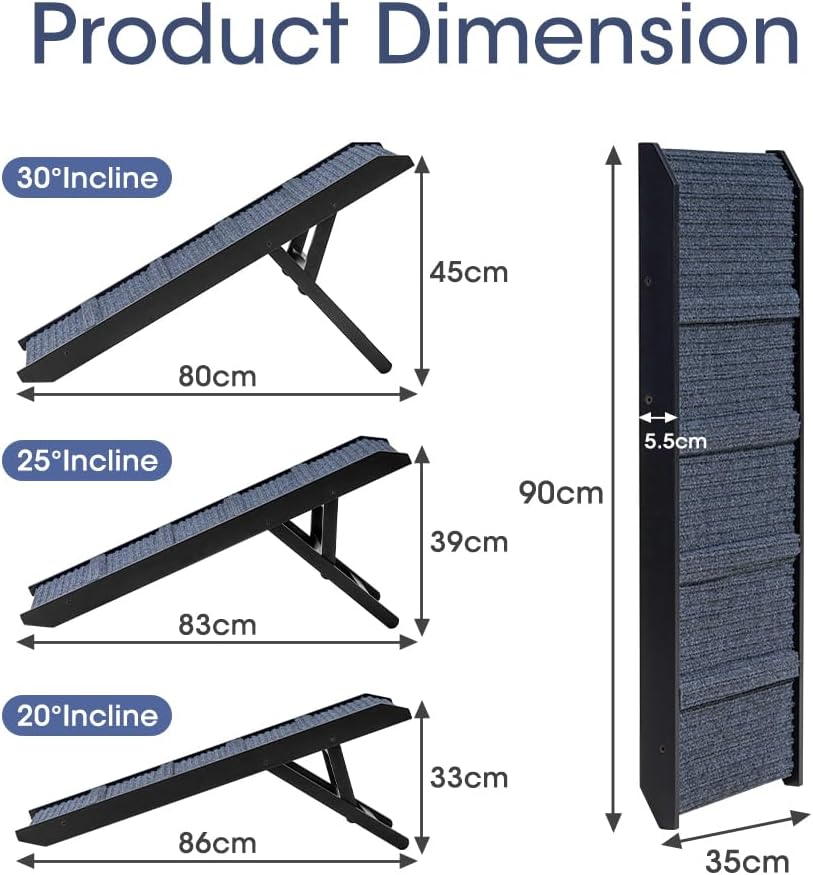 Dog Ramp for Bed for Small Medium Dogs, 90CM Long 33-45CM Adjustable Height Dog Stairs, Folding Portable Pet Ramp for Couch, Bed or Sofa, Pet Ramps with Non-Slip Carpet, Black image number 1