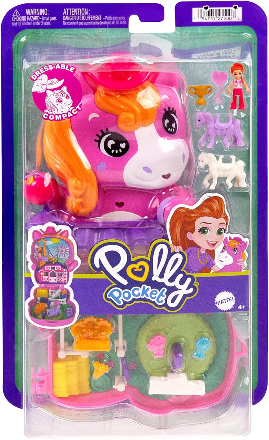 Polly Pocket Dolls and Playset, Pony Rodeo Compact, Travel Toy with 1 Micro Doll, Pet Horses, Food & Fashion Styling Accessories image number 3