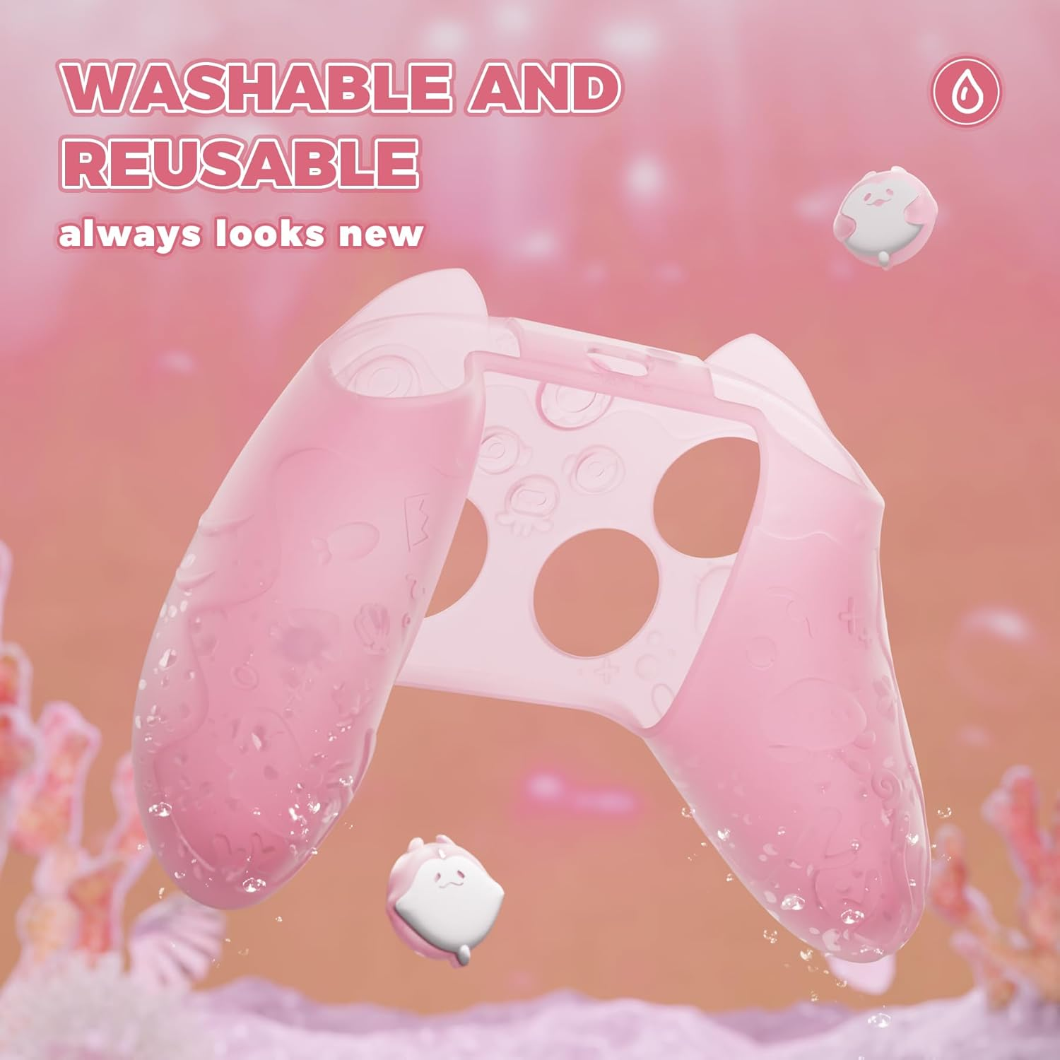Playvital for Xbox Series X/S Controller Silicone Cover, Cute Ocean Whisper Series Semi-Clear Silicone Skin Grip for Xbox Core Wireles Controller with Thumb Grip & Sticker, Full Protection -Peach Pink - Mint Blue image number 4