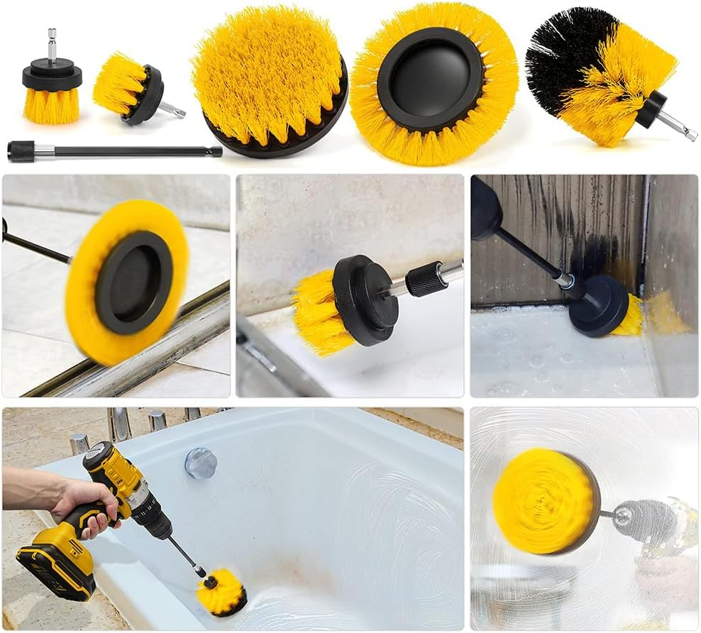 7 Pcs Drill Brush Attachment Set, Portable Drill Scrub Brush, Power Cleaning Scrub Brush Kit, Cleaning Kit Suitable for Car Bathroom Wooden Floor Laundry Room Cleaning (Yellow) image number 4