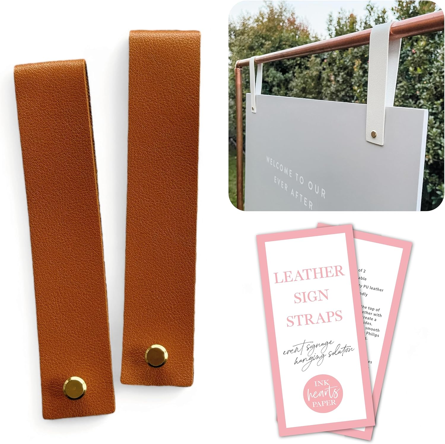 Leather Sign Straps for Hanging Sign, Welcome Sign, Wedding Sign, Engagement Sign, Event Display Sign, Seating Chart, Ceremony, Acrylic, Foamboard, Frame (White)