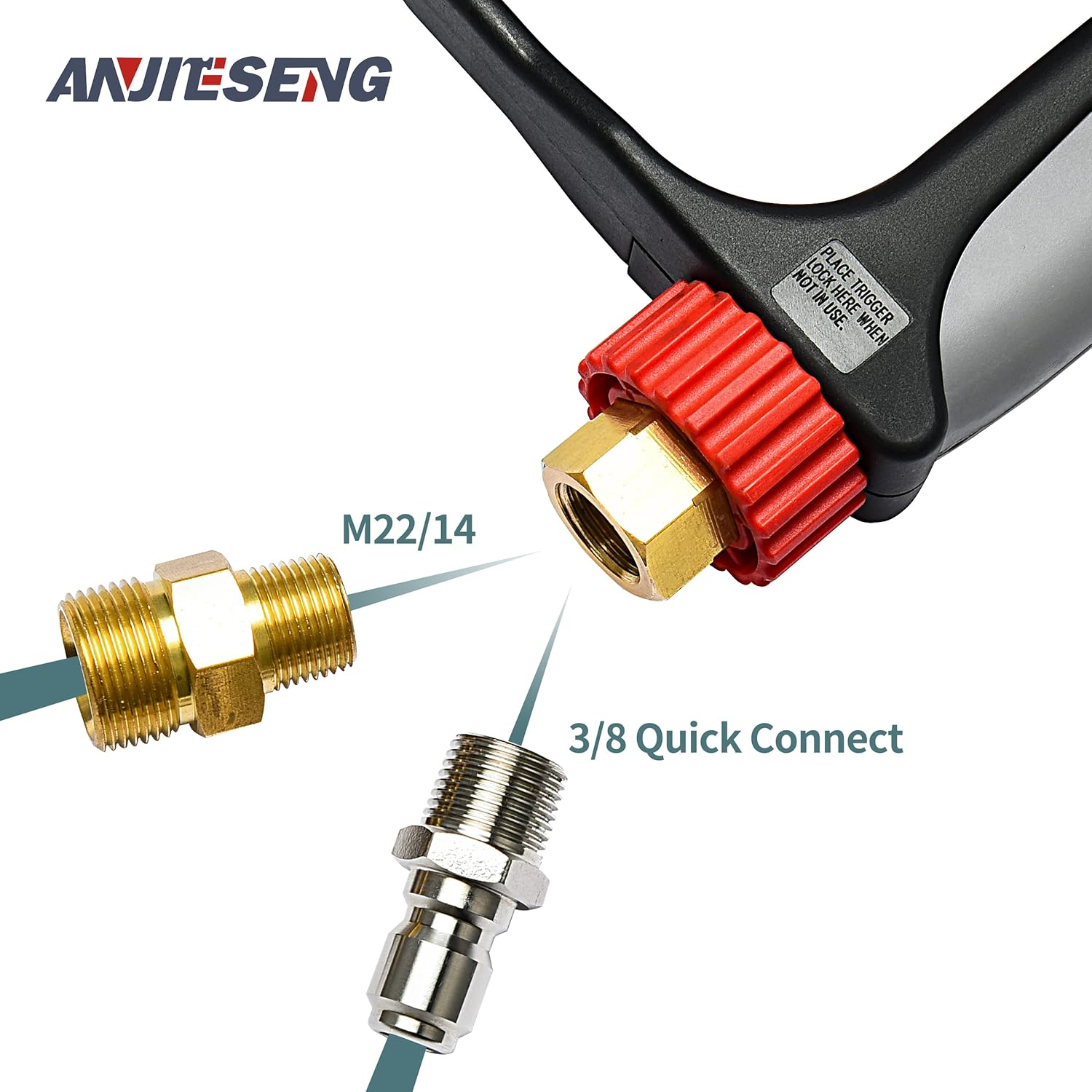 ANJIESENG Pressure Washer Short Gun, 5000 PSI /10.5 GPM Industrial Grade Best for Gas Power Washer with 360 Degree Swivel, 3/8&rdquo; Quick Connector M22 14 Fitting with 1/4" Quick Socket 5 Nozzle Tips image number 3
