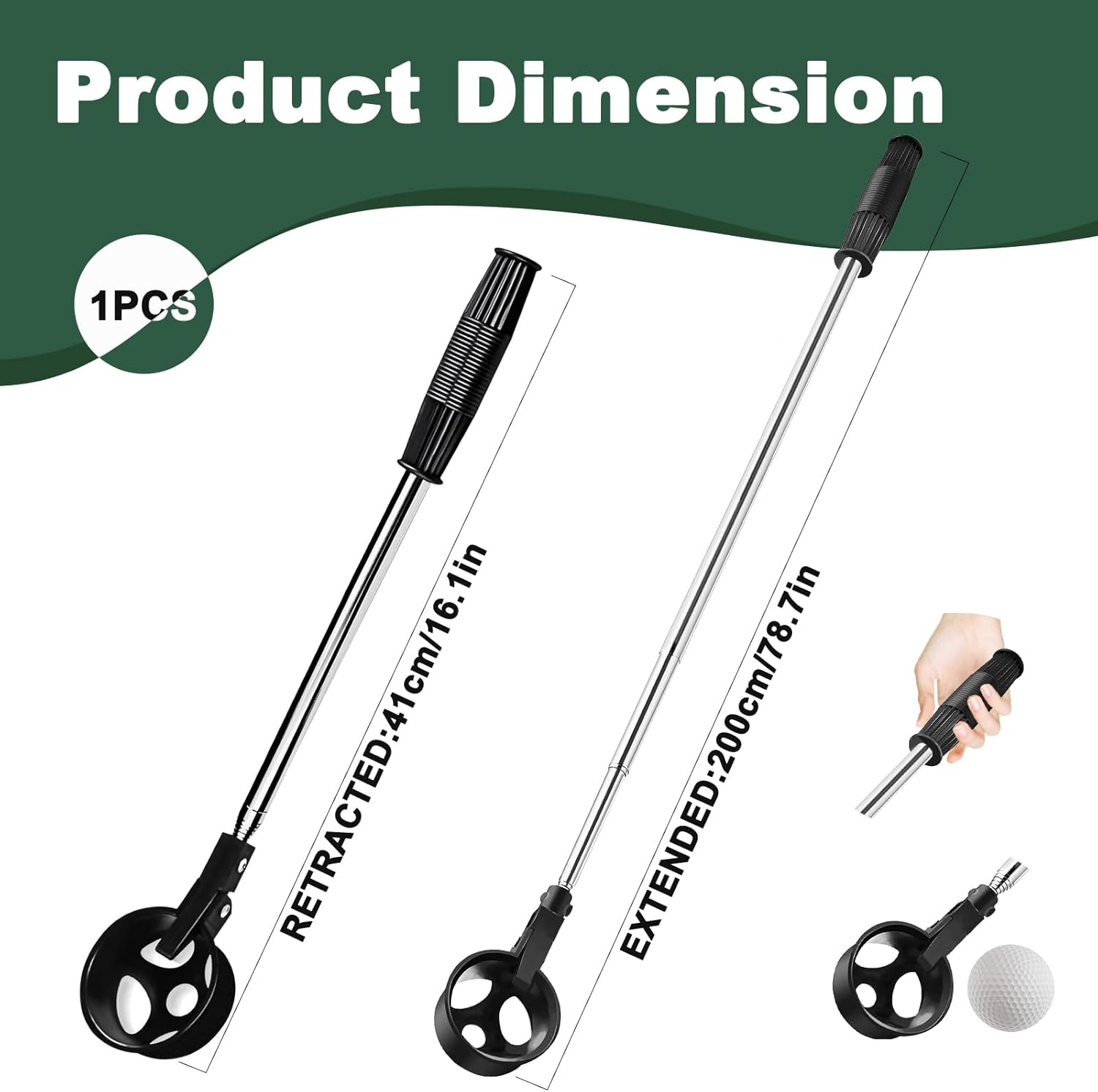 Huakaile Stainless Steel Golf Ball Retriever Telescopic for Water, 78.7" Extendable Golf Ball Grabber with Locking Scoop, Golf Ball Picker Upper Tool Accessories for Golfer Women Men Black image number 1