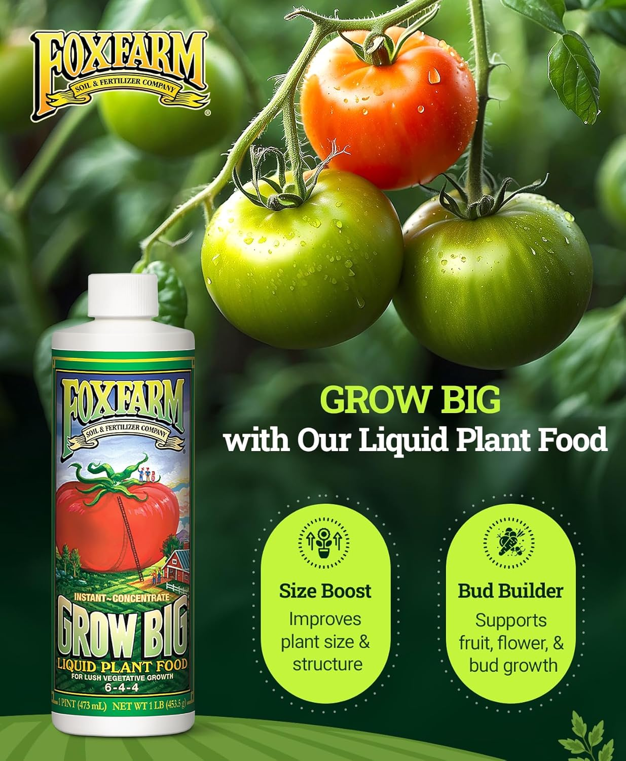 Fox Farm 6-4-4, 1-Pint FX14092 Grow Big Liquid Concentrate Fertilizer, Soil NPK 6-4, White image number 5