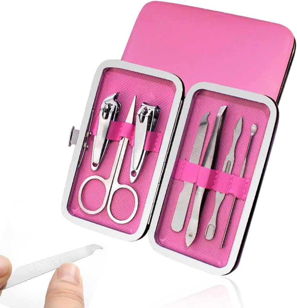 SULIUDAJI Manicure Set, 7-Piece Pedicure Nail Set, Nail Case, Nail Clipper Set, Nail Clipper Case Made of Stainless Steel and Leather, Nail Care Tools for Men and Women (Barbie Rose Red) image number 4