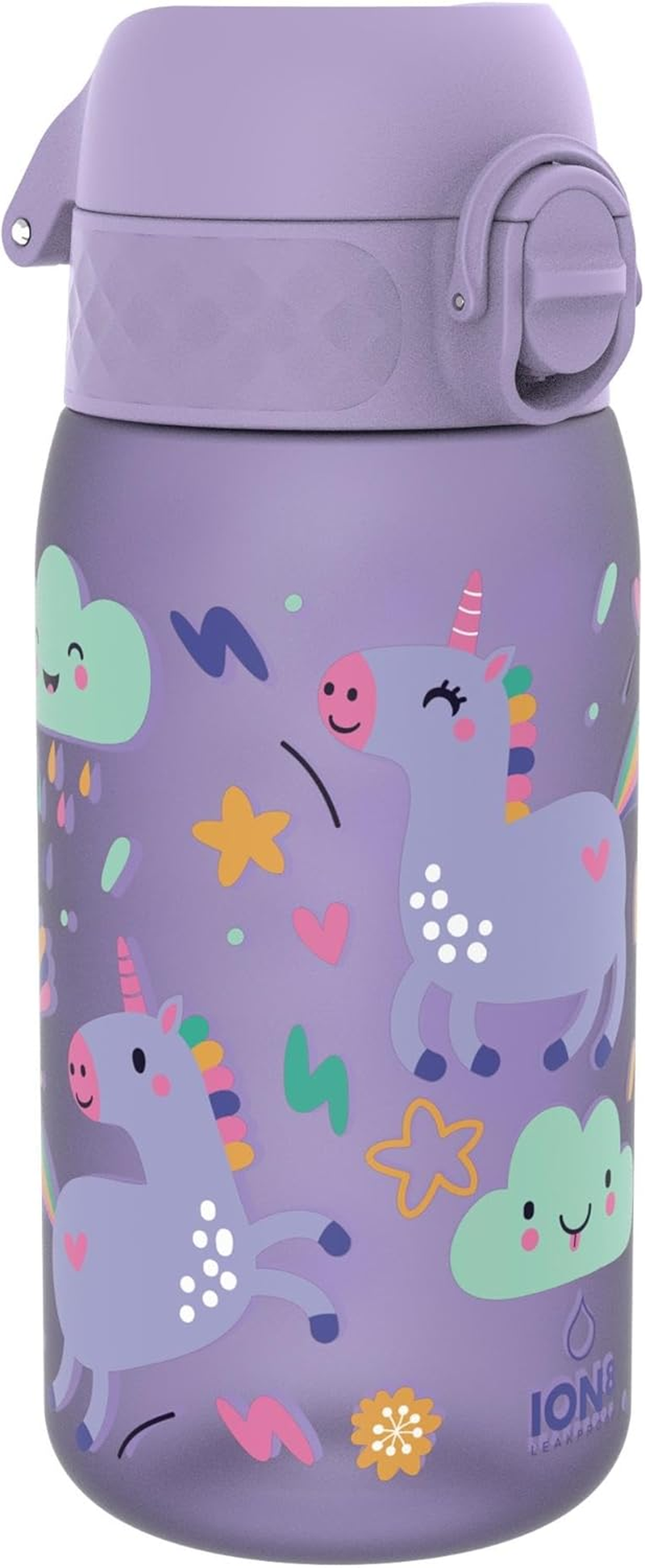 Ion8 Children'S Water Bottle, 350 Ml, Leak-Proof, One-Handed Opening, Secure Locking, Dishwasher Safe, Bpa-Free, Carry Handle, Folding Lid, Easy to Clean, Climate Neutral, Light Purple Unicorns image number 7
