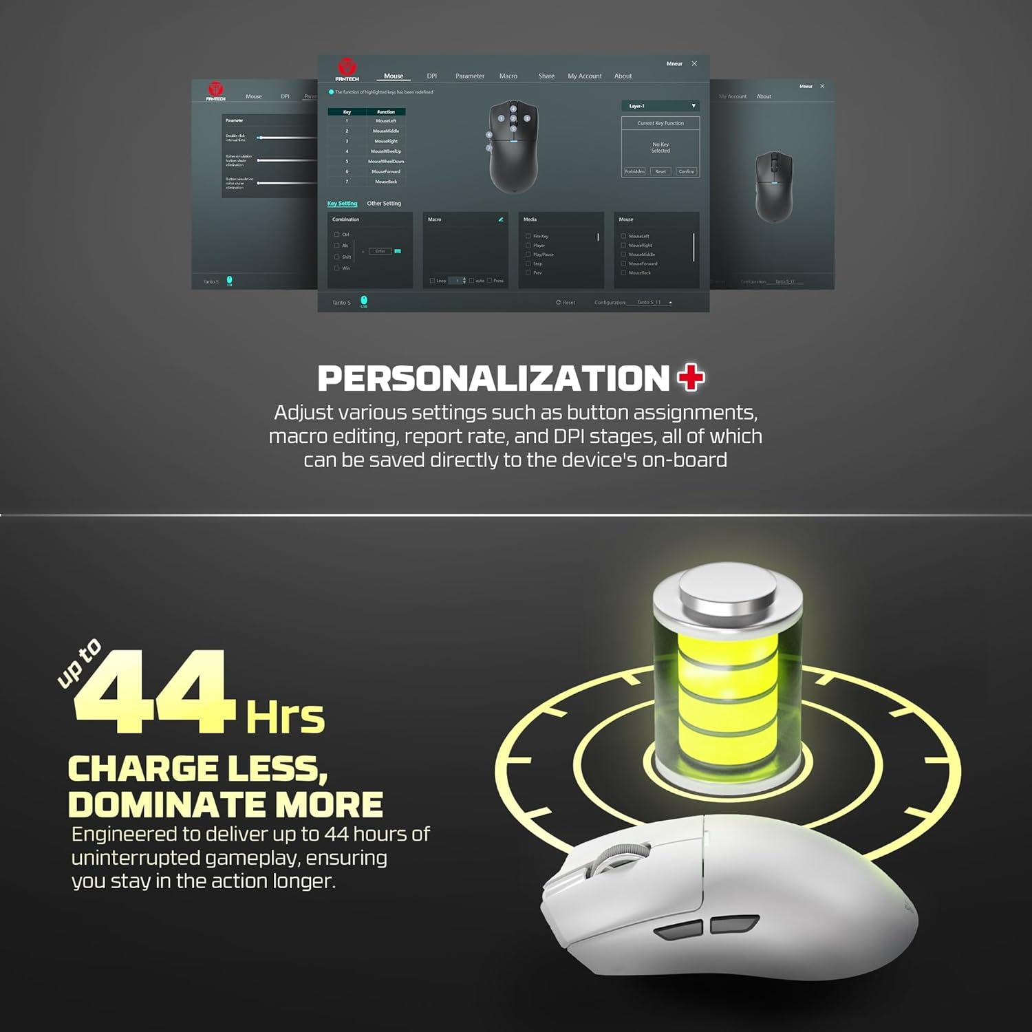 Fantech Tanto S 8K Wireless Gaming Mouse Pixart 3395 Gaming Sensor 26000 DPI, HUANO Switches, Lightweight 58 Grams, 3 Mode Connectivity, RGB Charging Dock - Black