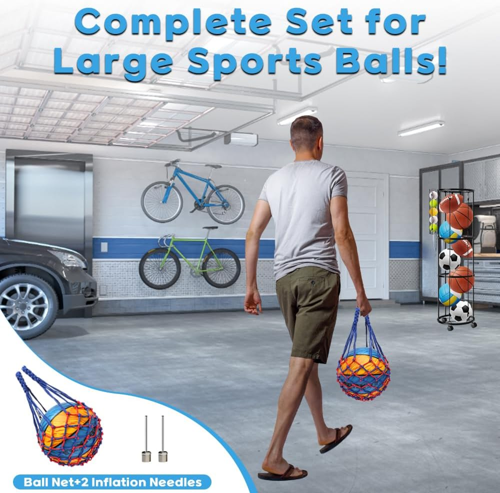 Ball Storage Rack with 4 Hooks&Wheels,150*30Cm 3 Layers Garage Ball Storage with Small Balls Basket,Ball Holder with 1 Ball Net & 2 Inflation Needles for Basketball,Soccer,Baseball&Accessorries image number 5