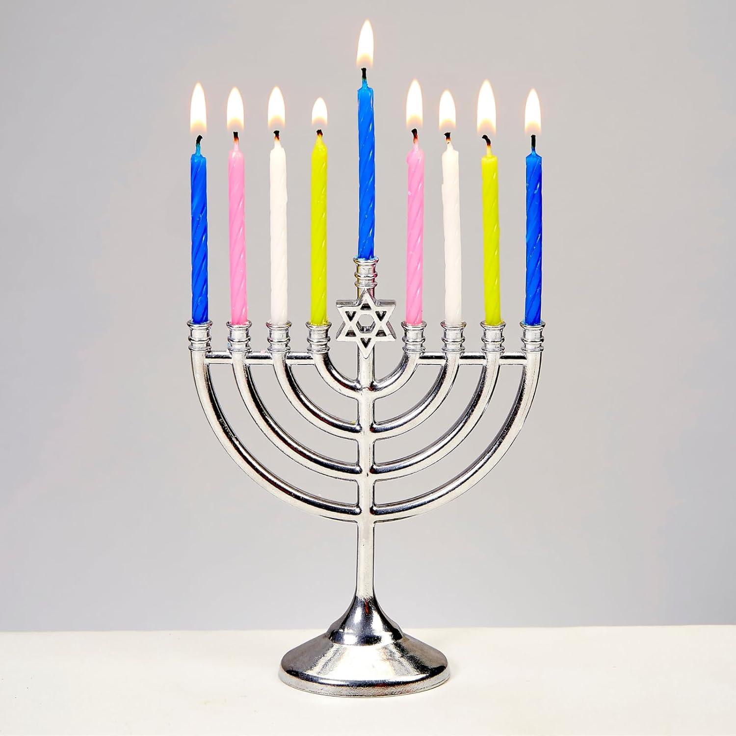 Rite Lite Mini Menorah Set with 48 Multicolor Birthday Candles - Portable Chanukah Candle Holder Diecast Aluminum Menorah Hanukkah Gifts Jewish Party Favors Living Room Holiday Decor Centerpiece 5" H