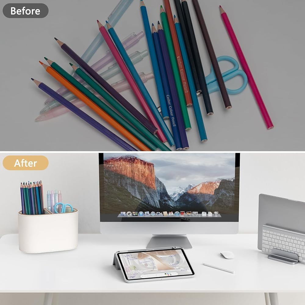 PU Leather Pen Holder for Desk,2-Compartment Pencil Cups, Multifunctional Desk Organizer for Remotes, Pens, Make-Up, Office Accessories (White) image number 4