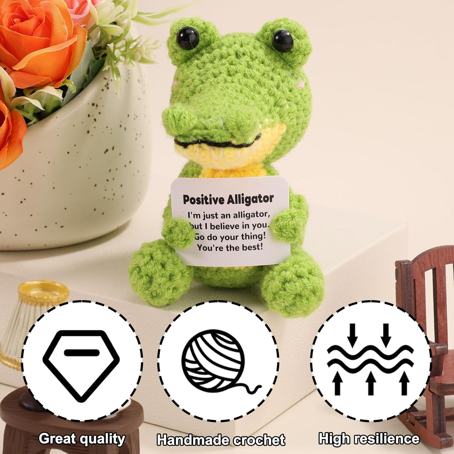 TOYMIS Positive Crochet Crocodile, Mini Cute Crochet Crocodile with Encouraging Card Incentive Crocodiles Gifts Emotional Plush Dolls for Friends Family