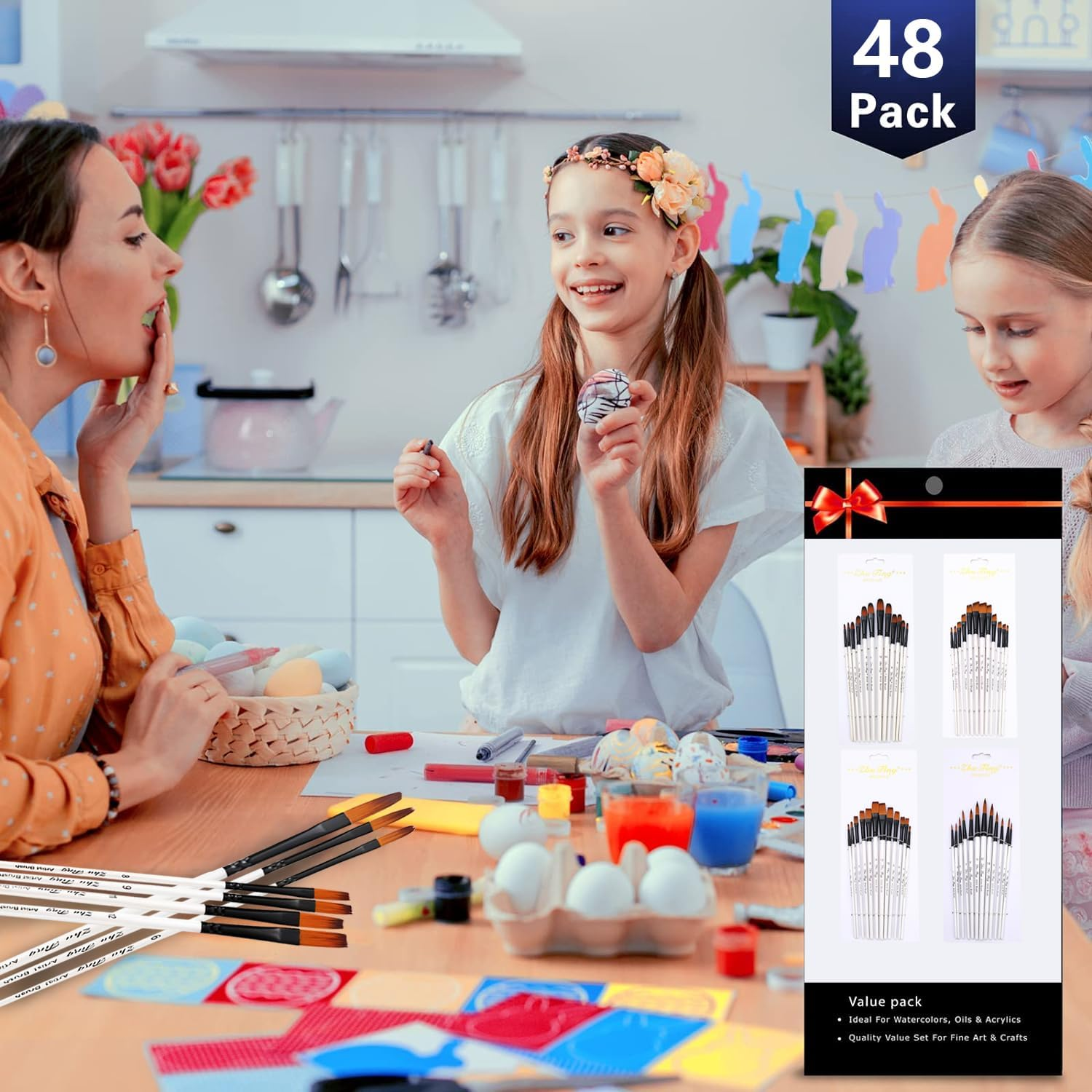 48 Pcs Paint Brushes,Artist Acrylic Paint Brush,With Round,Angled,Flat and Hazelnut Brush,For Watercolor Acrylic Painting Nail Art,Body Painting,Face Paint,Rock,Gouache Oil Paint,Fabric Paint image number 3