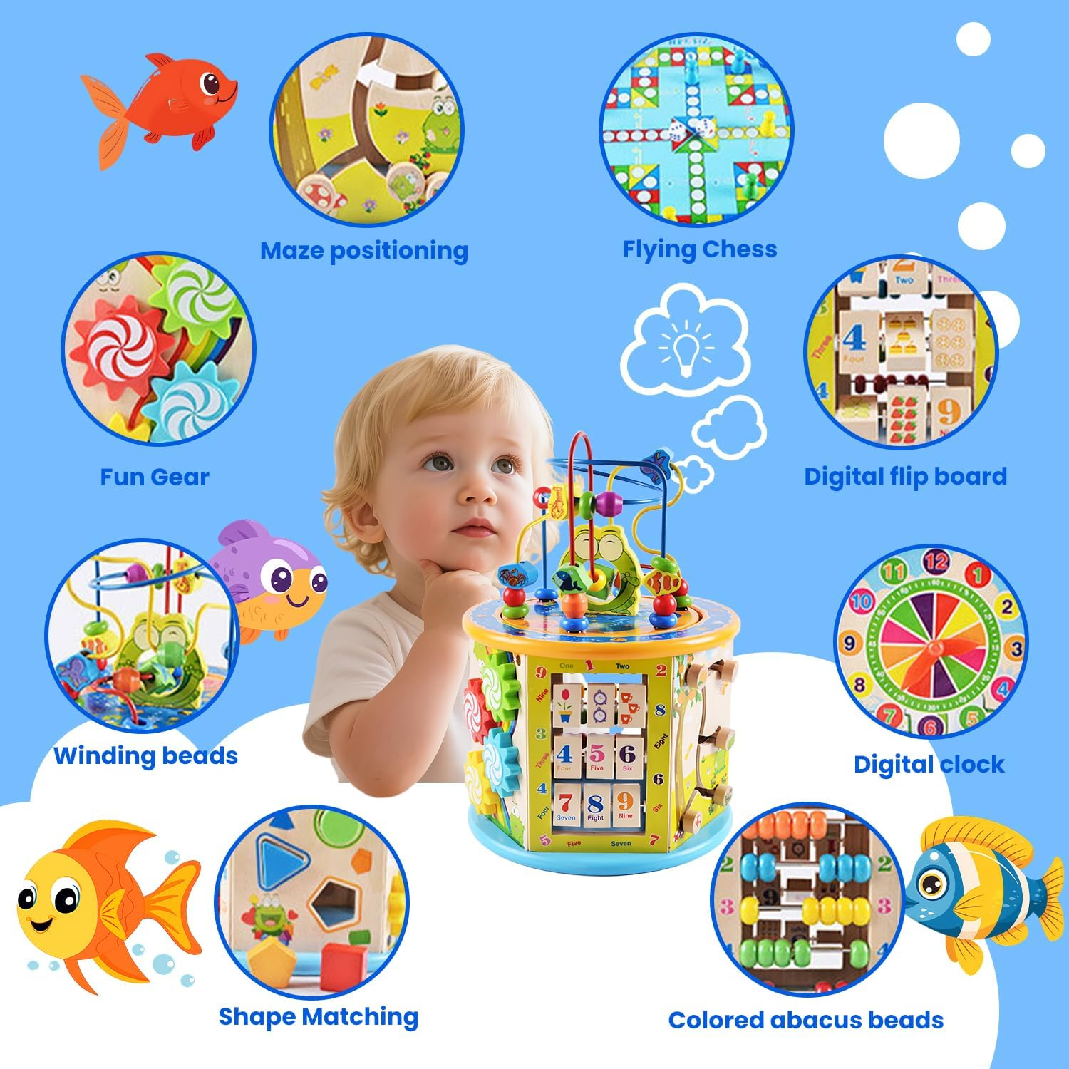 Uandhome Wooden Activity Cube for Toddlers 3,Montessori Early Educational Early Educational Learning Music,8 in 1 Electronic Shape Sorter, Montessori Toys,Bead Maze for Kids Toddler Infant First Gifts image number 2